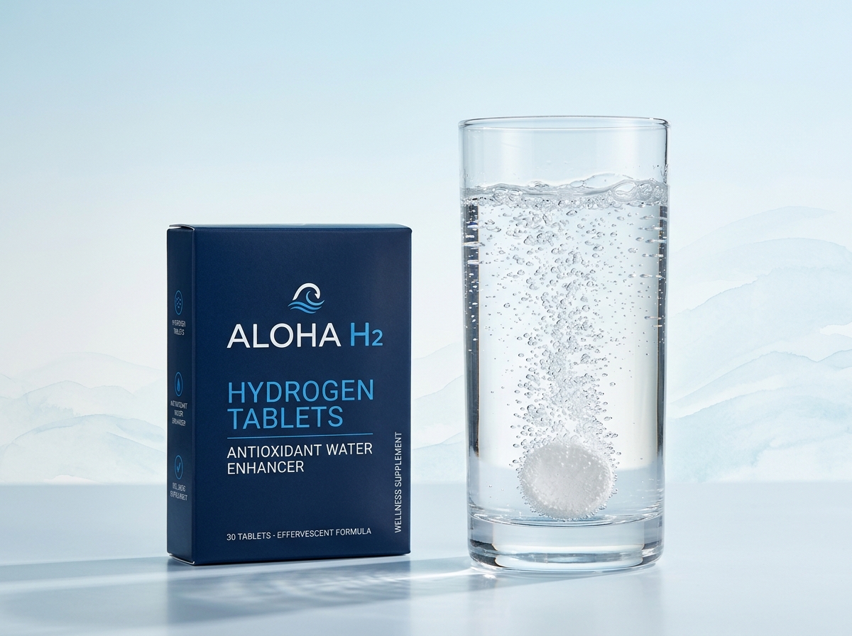 Aloha H2 hydrogen tablet package beside a glass of water